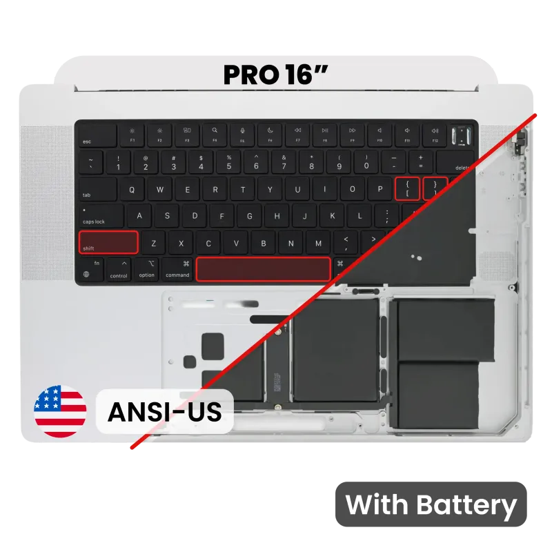 Top case s baterií a klávesnicí (americké rozložení ANSI) pro MacBook Pro 16" A2485 (2021) (originál z vyřazeného zařízení, stav B) (stříbrná)