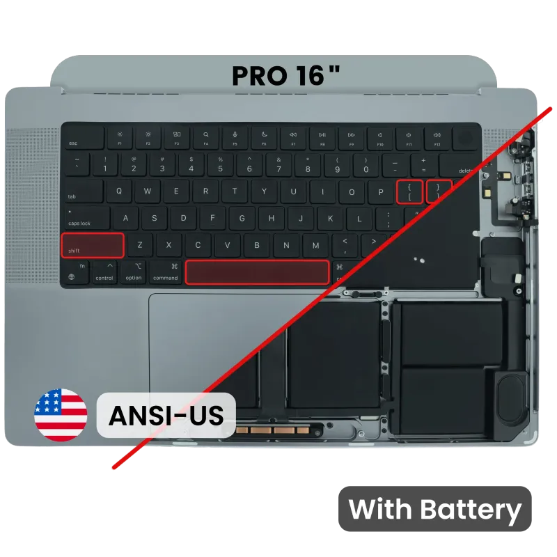Top case s baterií a klávesnicí (americké rozložení ANSI) pro MacBook Pro 16" A2485 (2021) / A2780 (2023) (originál z vyřazeného zařízení, stav B) (vesmírně šedá)