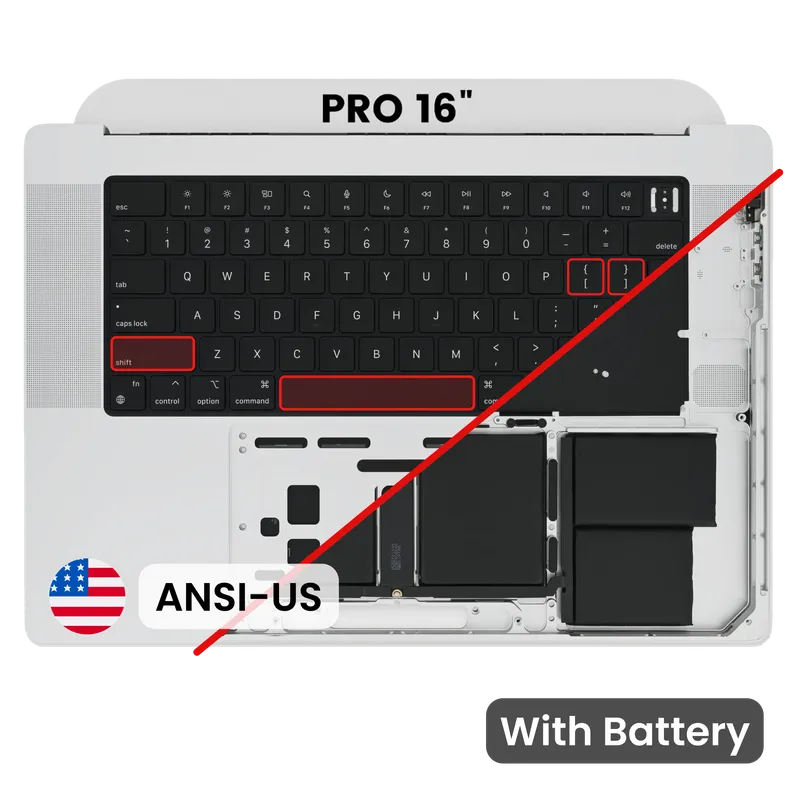 Top case s baterií a klávesnicí (americké rozložení ANSI) pro MacBook Pro 16" A2485 (2021) (originál z vyřazeného zařízení, stav A) (stříbrná)