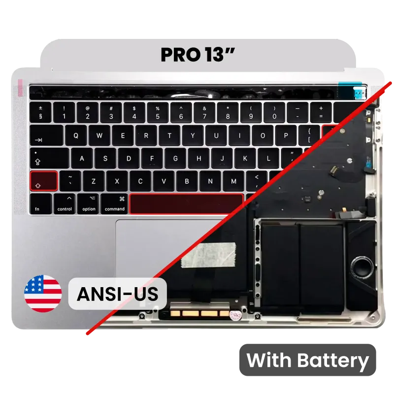 Top case s baterií a klávesnicí (americké rozložení ANSI) pro MacBook Pro 13" A1706 (2016) (originál z vyřazeného zařízení, stav B/C) (stříbrná)
