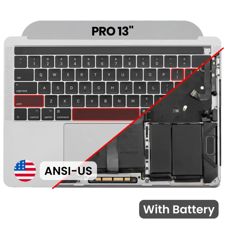 Top case s baterií a klávesnicí (americké rozložení ANSI) pro MacBook Pro 13" A1989 (2018-2019) (originál z vyřazeného zařízení, stav B/C) (stříbrná)
