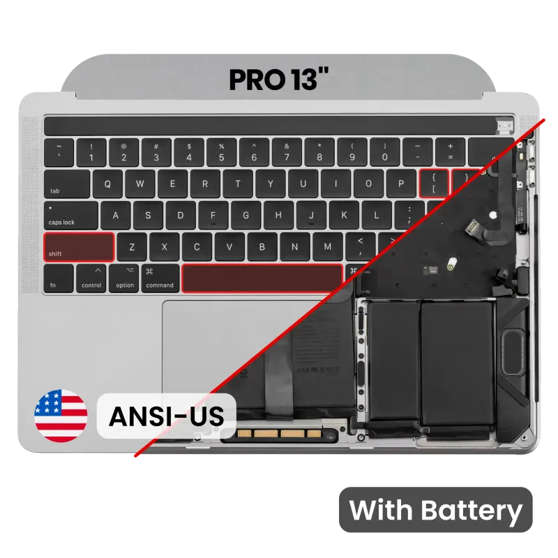 Top case s baterií a klávesnicí (americké rozložení ANSI) pro MacBook Pro 13" A1989 (2018-2019) (originál z vyřazeného zařízení, stav B/C) (šedá)