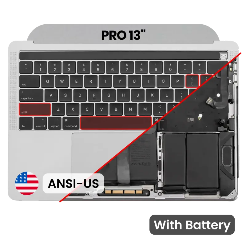 Top case s baterií a klávesnicí (americké rozložení ANSI) pro MacBook Pro 13" A1989 (2018-2019) (originál z vyřazeného zařízení, stav A) (stříbrná)