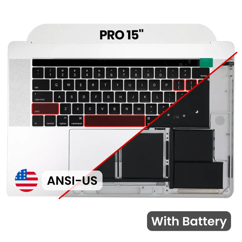 Top case s baterií a klávesnicí (americké rozložení ANSI) pro MacBook Pro 15" A1707 (2016-2017) (originál z vyřazeného zařízení, stav B/C) (stříbrná)