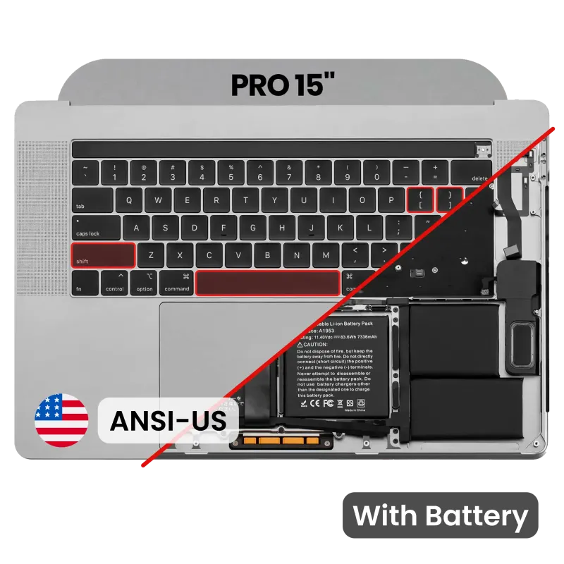 Top case s baterií a klávesnicí (americké rozložení ANSI) pro MacBook Pro 15" A1990 (2018-2019) (originál z vyřazeného zařízení, stav B/C) (vesmírně šedá)