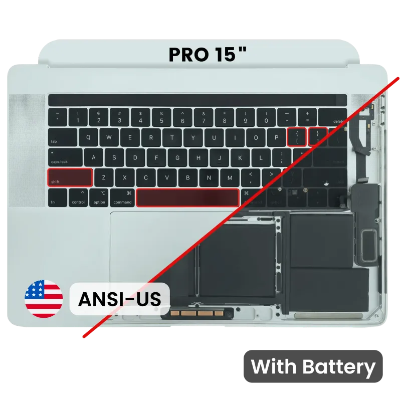 Top case s baterií a klávesnicí (americké rozložení ANSI) pro MacBook Pro 15" A1990 (2018-2019) (originál z vyřazeného zařízení, stav B/C) (stříbrná)