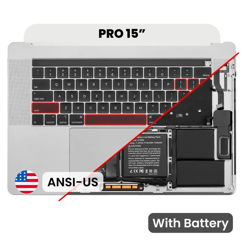Top case s baterií a klávesnicí (americké rozložení ANSI) pro MacBook Pro 15" A1990 (2018-2019) (originál z vyřazeného zařízení, stav A) (stříbrná)