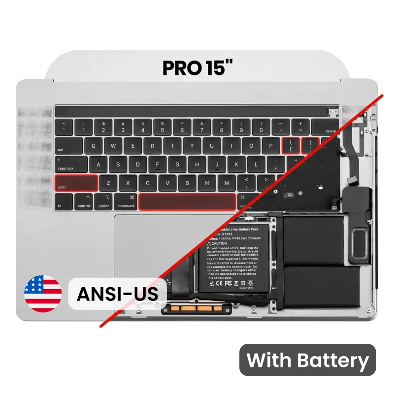 Top case s baterií a klávesnicí (americké rozložení ANSI) pro MacBook Pro 15" A1990 (2018-2019) (stříbrná)