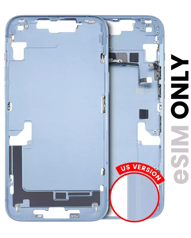 Střední rám (housing) s drobnými díly pro iPhone 14 Plus (US verze) (originál z vyřazeného zařízení, stav B) (modrá)