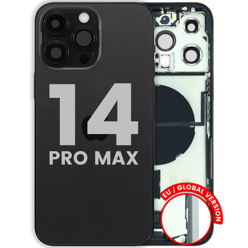 Zadní kryt (housing) s flexem nabíjecího konektoru a drobnými díly pro iPhone 14 Pro Max (EU verze) (originál z vyřazeného zařízení, stav B) (vesmírně černá)