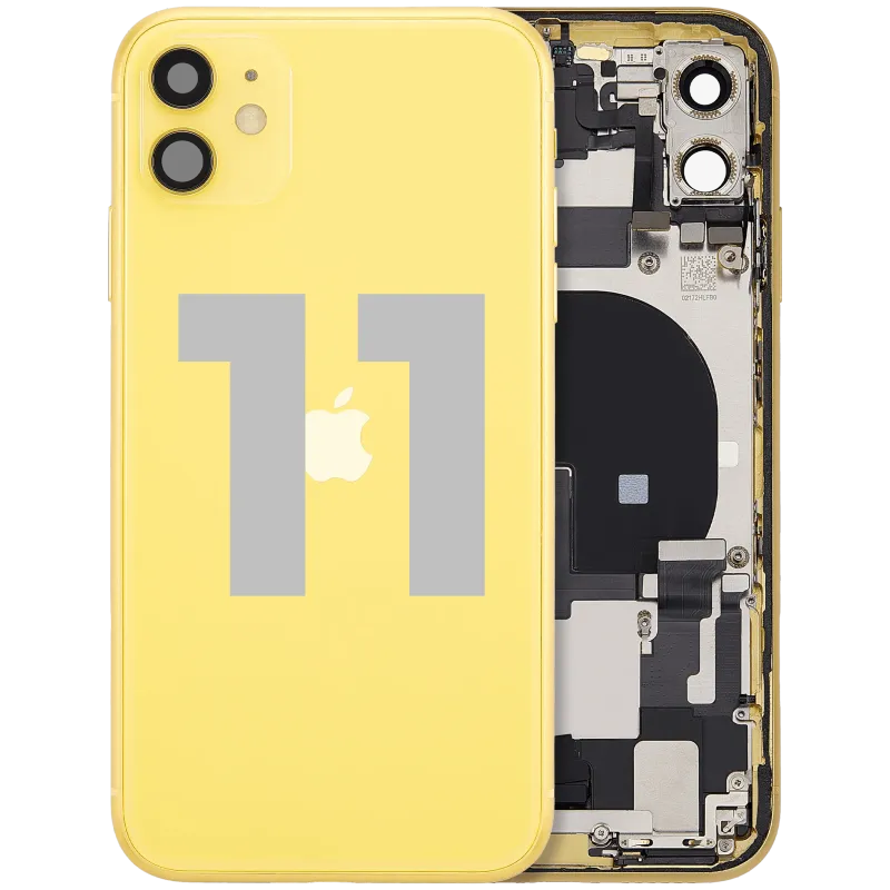 Zadní kryt (housing) s flexem nabíjecího konektoru a drobnými díly pro iPhone 11 (originál z vyřazeného zařízení, stav B) (žlutá)