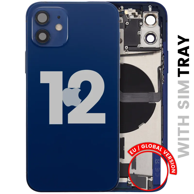 Zadní kryt (housing) s flexem nabíjecího konektoru a drobnými díly pro iPhone 12 (EU verze) (originál z vyřazeného zařízení, stav B) (modrá)