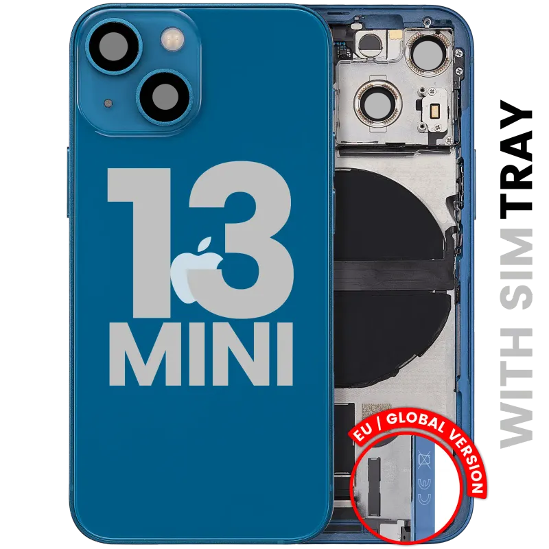 Zadní kryt (housing) s flexem nabíjecího konektoru a drobnými díly pro iPhone 13 mini (EU verze) (originál z vyřazeného zařízení, stav B) (modrá)
