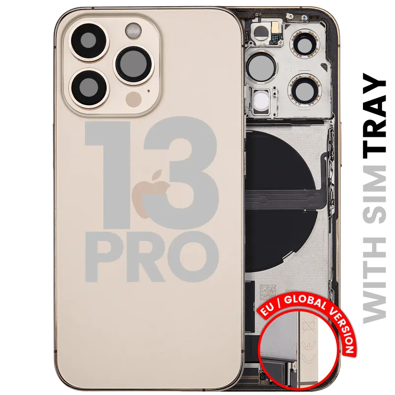 Zadní kryt (housing) s flexem nabíjecího konektoru a drobnými díly pro iPhone 13 Pro (EU verze) (originál z vyřazeného zařízení, stav A) (zlatá)