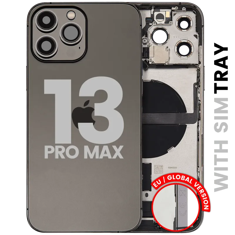 Zadní kryt (housing) s flexem nabíjecího konektoru a drobnými díly pro iPhone 13 Pro Max (EU verze) (originál z vyřazeného zařízení, stav C) (grafitová)