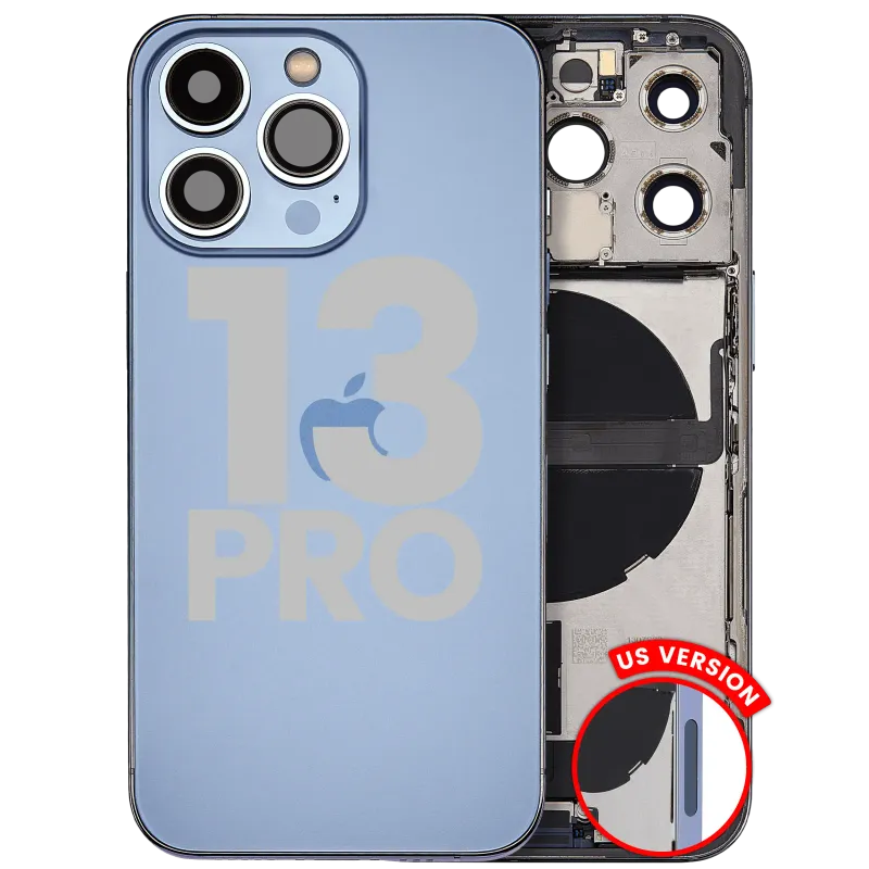 Zadní kryt (housing) s flexem nabíjecího konektoru a drobnými díly pro iPhone 13 Pro (US verze) (originál z vyřazeného zařízení, stav A) (horsky modrá)