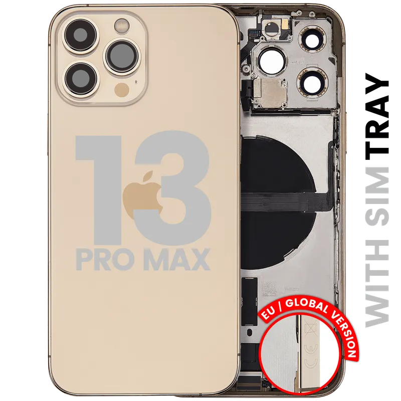 Zadní kryt (housing) s flexem nabíjecího konektoru a drobnými díly pro iPhone 13 Pro Max (EU verze) (originál z vyřazeného zařízení, stav A) (zlatá)