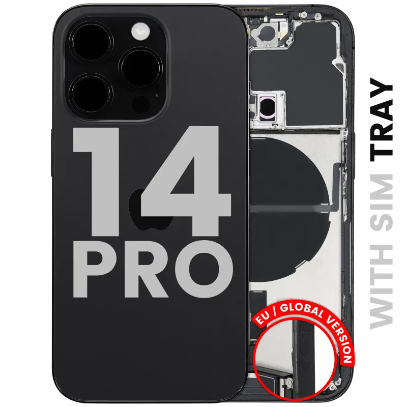 Zadní kryt (housing) s flexem nabíjecího konektoru a drobnými díly pro iPhone 14 Pro (EU verze) (originál z vyřazeného zařízení, stav C) (vesmírně černá)