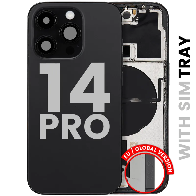 Zadní kryt (housing) s drobnými díly pro iPhone 14 Pro (EU verze) (originál z vyřazeného zařízení, stav C) (vesmírně černá)
