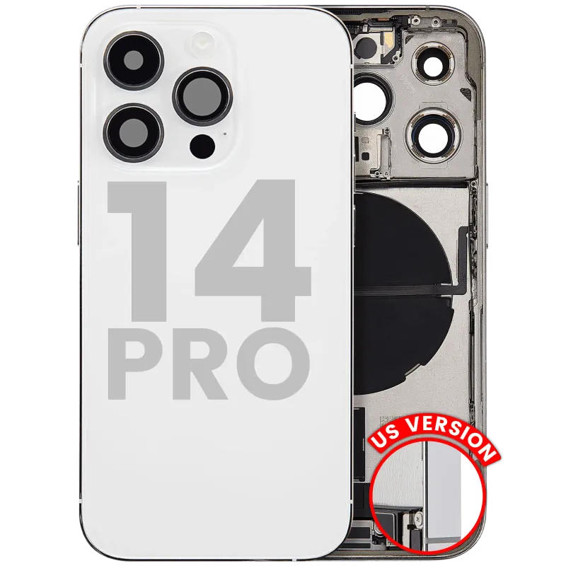Zadní kryt (housing) s flexem nabíjecího konektoru a drobnými díly pro iPhone 14 Pro (US verze) (originál z vyřazeného zařízení, stav A) (stříbrná)