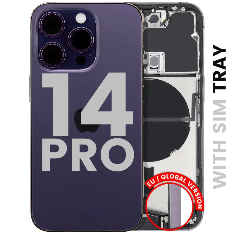 Zadní kryt (housing) s flexem nabíjecího konektoru a drobnými díly pro iPhone 14 Pro (EU verze) (originál z vyřazeného zařízení, stav A) (tmavě fialová)