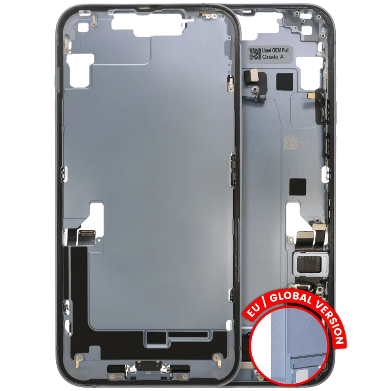 Střední rám (housing) s flexem nabíjecího konektoru a drobnými díly pro iPhone 14 Plus (EU verze) (originál z vyřazeného zařízení, stav A) (modrá)