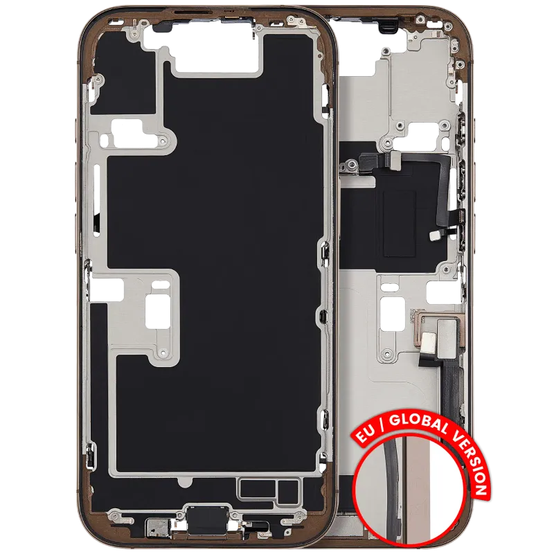Střední rám (housing) s flexem nabíjecího konektoru a drobnými díly pro iPhone 16 Pro (EU verze) (originál z vyřazeného zařízení, stav C) (pouštní titan)