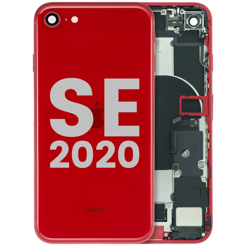 Zadní kryt (housing) s flexem nabíjecího konektoru a drobnými součástkami (předinstalováno) pro iPhone SE (2020) (originál z vyřazeného zařízení, stav A) (červená)
