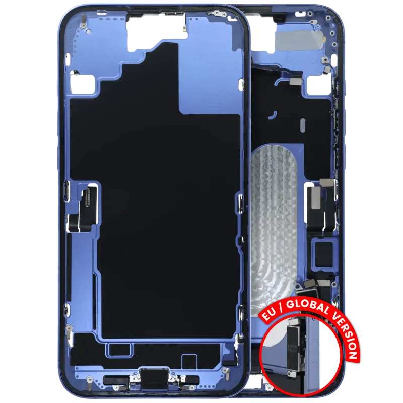 Střední rám (housing) s flexem nabíjecího konektoru a drobnými díly pro iPhone 16 Plus (EU verze) (originál z vyřazeného zařízení, stav A) (ultramarínová)