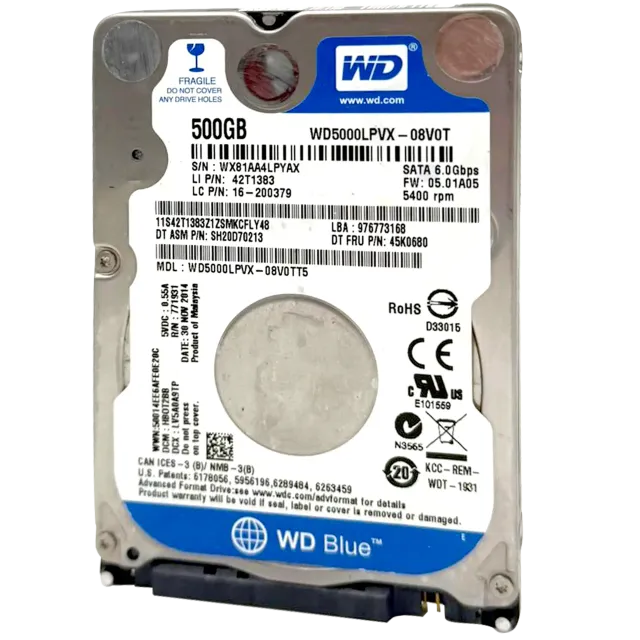 500GB WD modrý 2.5" HDD Internal Hard mechanika - 5400 RPM (7 mm) (repasovaný)