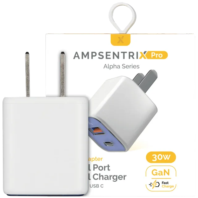 AmpSentrix Pro 30W 2v1 USB-C / USB-A GaN síťový adaptér (ultramarínová)