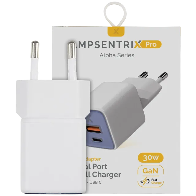 AmpSentrix Pro 30W 2v1 USB-C / USB-A GaN síťový adaptér (220 V, EU zástrčka) (ultramarínová)