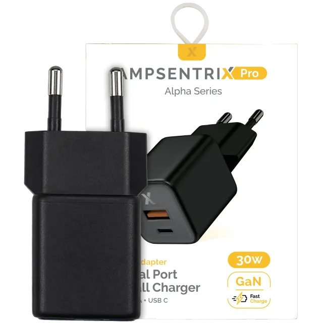 AmpSentrix Pro 30W 2v1 USB-C / USB-A GaN síťový adaptér (220 V, EU zástrčka) (černý titan)
