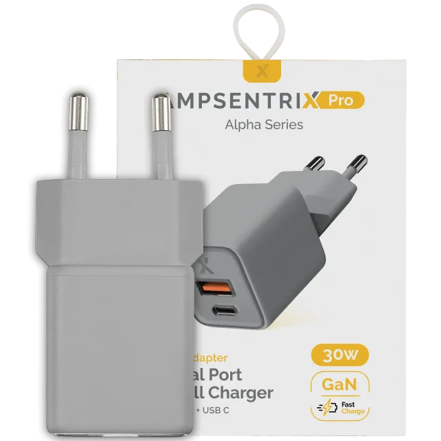 AmpSentrix Pro 30W 2v1 USB-C / USB-A GaN síťový adaptér (220 V, EU zástrčka) (přírodní titan)