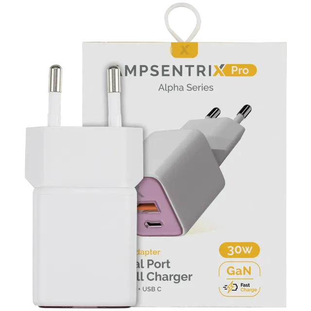 AmpSentrix Pro 30W 2v1 USB-C / USB-A GaN síťový adaptér (220 V, EU zástrčka) (růžová)
