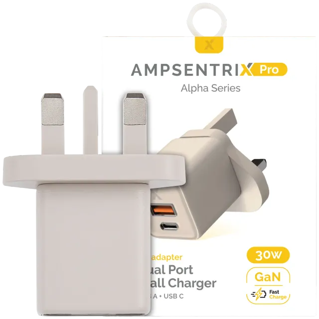 AmpSentrix 30W 2v1 USB-C / USB-A síťový adaptér (220 V, UK zástrčka) (pouštní titan)