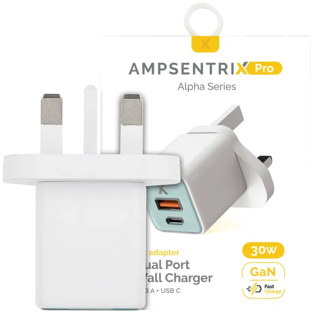 AmpSentrix 30W 2v1 USB-C / USB-A síťový adaptér (220 V, UK zástrčka) (modrozelená)