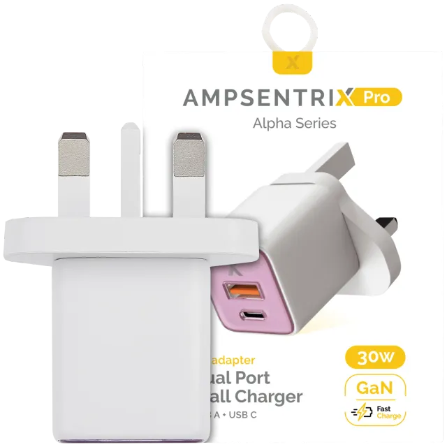 AmpSentrix 30W 2v1 USB-C / USB-A síťový adaptér (220 V, UK zástrčka) (růžová)