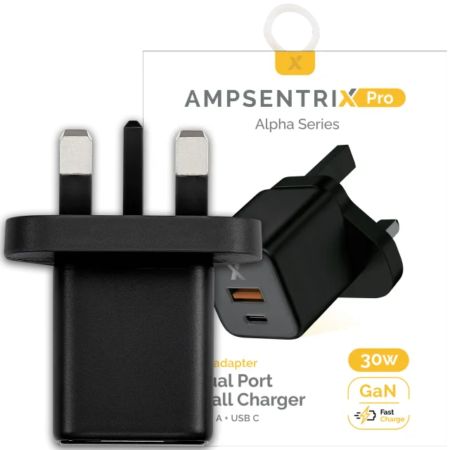 AmpSentrix 30W 2v1 USB-C / USB-A síťový adaptér (220 V, UK zástrčka) (černý titan)