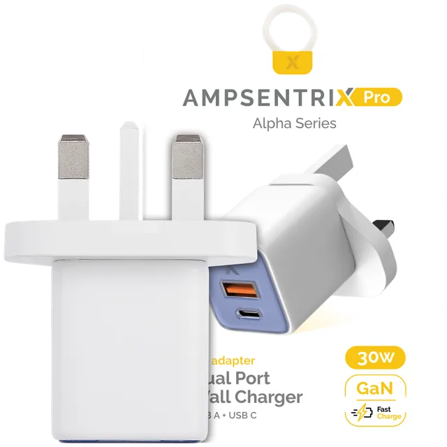 AmpSentrix 30W 2v1 USB-C / USB-A síťový adaptér (220 V, UK zástrčka) (ultramarínová)