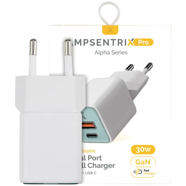 AmpSentrix Pro 30W 2v1 USB-C / USB-A GaN síťový adaptér (220 V, EU zástrčka) (modrozelená)