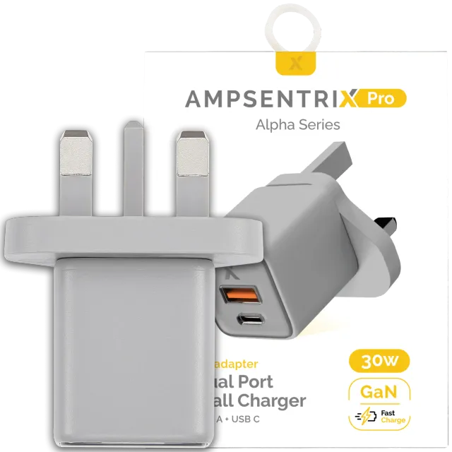 AmpSentrix 30W 2v1 USB-C / USB-A síťový adaptér (220 V, UK zástrčka) (přírodní titan)