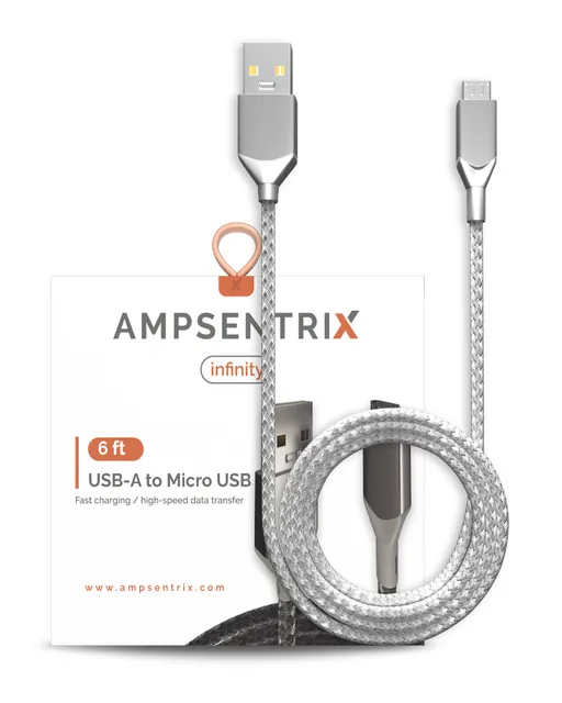 Kabel Micro USB na USB Type A (1.8 m / 6 ft) (AmpSentrix Infinity) (stříbrná)