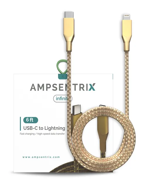 Kabel USB Type C na Lightning (Non-MFI) (1.8 m / 6 ft) (AmpSentrix Infinity) (zlatá)