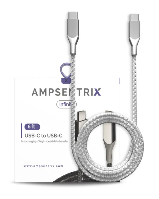 Kabel USB Type C na USB Type C (1.8 m / 6 ft) (AmpSentrix Infinity) (stříbrná)
