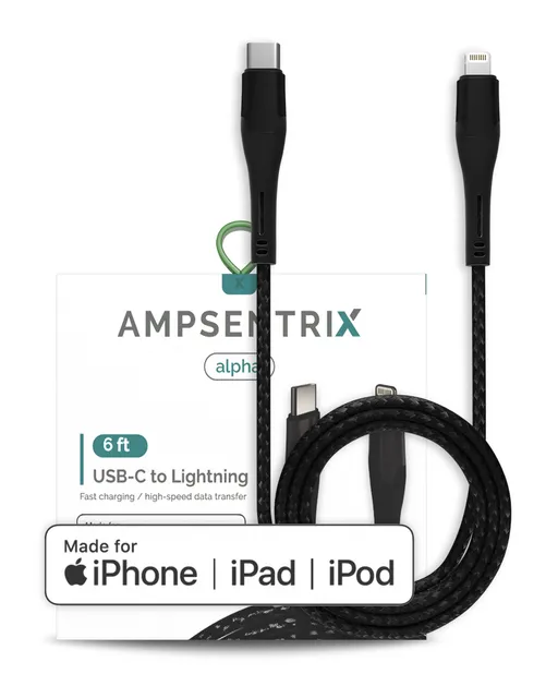 Kabel Lightning na USB Type C (MFI) (1.8 m / 6 ft) (AmpSentrix Alpha) (černá)