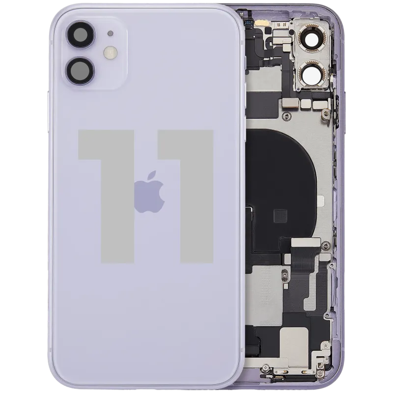 Zadní kryt (housing) s flexem nabíjecího konektoru a drobnými díly pro iPhone 11 (originál z vyřazeného zařízení, stav C) (fialová)