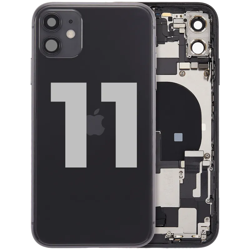 Zadní kryt (housing) s flexem nabíjecího konektoru a drobnými díly pro iPhone 11 (originál z vyřazeného zařízení, stav B) (černá)
