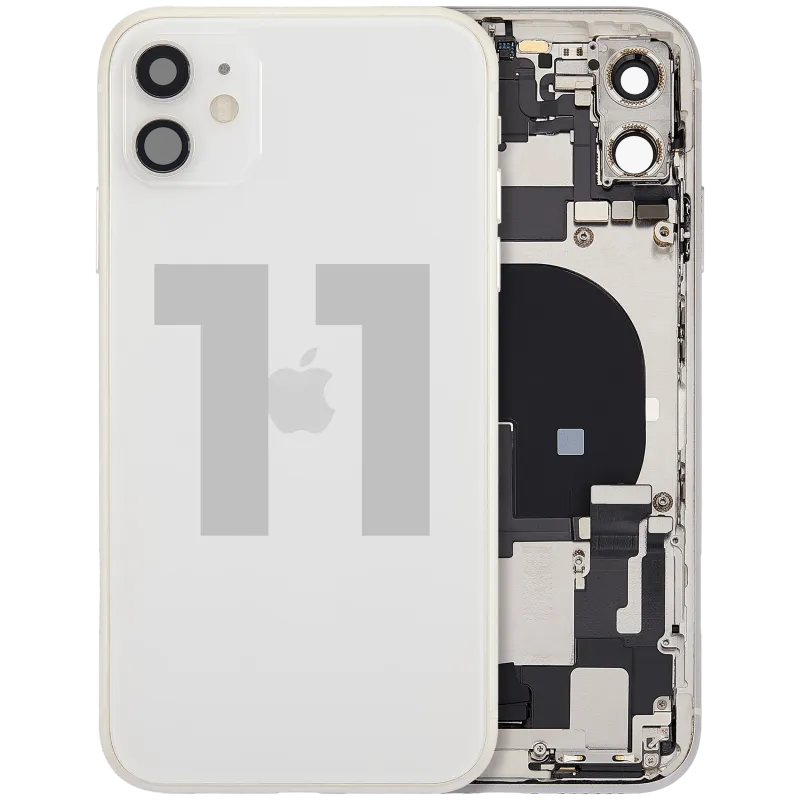 Zadní kryt (housing) s flexem nabíjecího konektoru a drobnými díly pro iPhone 11 (originál z vyřazeného zařízení, stav B) (bílá)