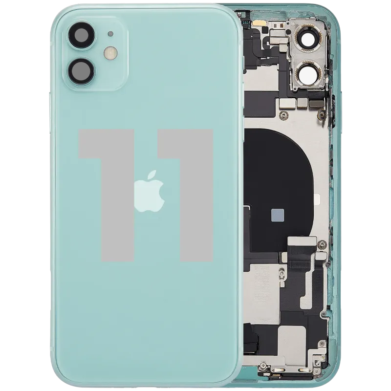 Zadní kryt (housing) s flexem nabíjecího konektoru a drobnými díly pro iPhone 11 (originál z vyřazeného zařízení, stav B) (zelená)